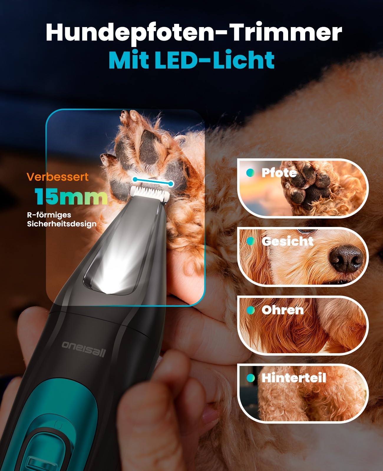 oneisall 4in1 Leise Schermaschine Hund Katze mit LED-Licht, Tierhaarpflege zum Hundeschermaschine & Pfotentrimmer & Krallenschleifer, 2000mAh Wiederaufladbar Hundehaarschneidemaschine