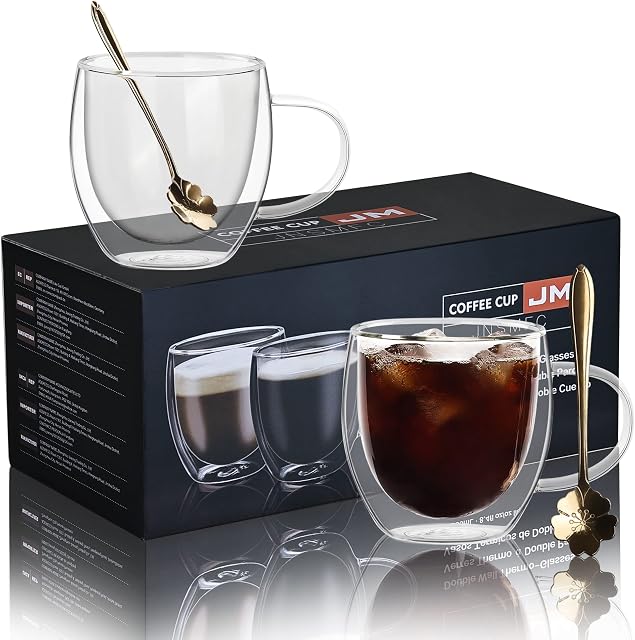 JNSMFC Double Walled Glass Coffee Mugs with 2 Spoons,250ML Set of 2 Insulated Glass Coffee Mugs with Handle,Clear Coffee Cups for Cappuccino,Espresso,Latte,Tea,Heat Resistant Glasses for Drinking