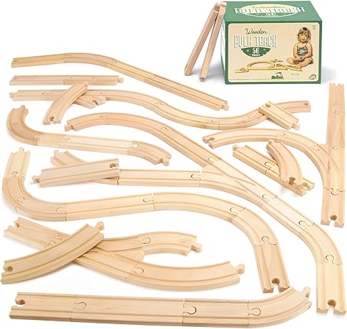 Paquete de 56 piezas de vía de tren de madera de valor económico - Compatible con todas las principales marcas de trenes de juguete de Conductor Carl