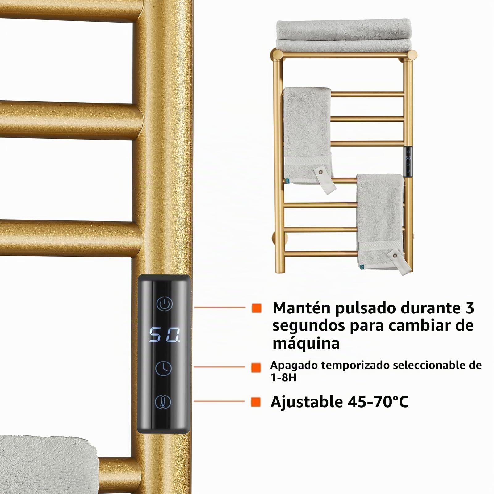 Toallero Eléctrico Dorada para Baño, Calentador De Toallas con Pantalla Digital Montado En La Pared, Secador De Toallas De Acero Inoxidable 304, 70 W, 720 * 450 * 250 Mm,Hardwiring