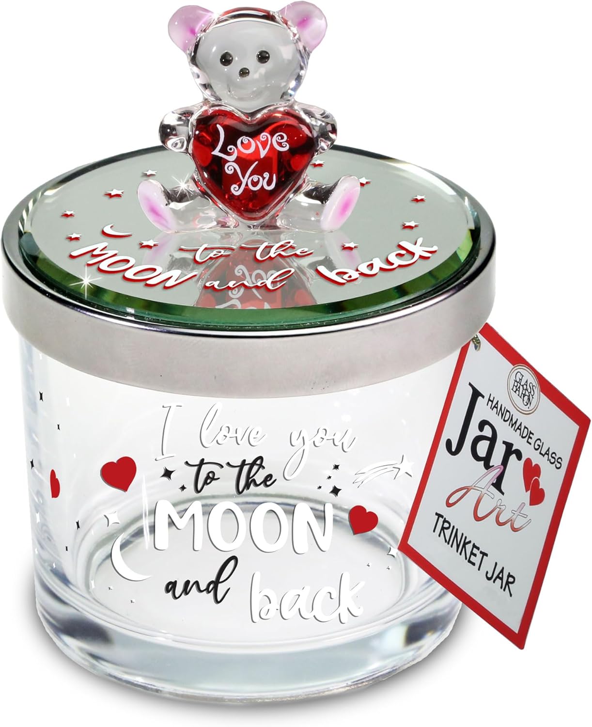 Glass Baron Trinket Jar, Love You to the Moon & Back Teddy Bear – Cute Decorative Trinket Jar with Beveled Lid, Airbrushed Bear Figure with Heart, 4 inches Tall x 3 inches Across