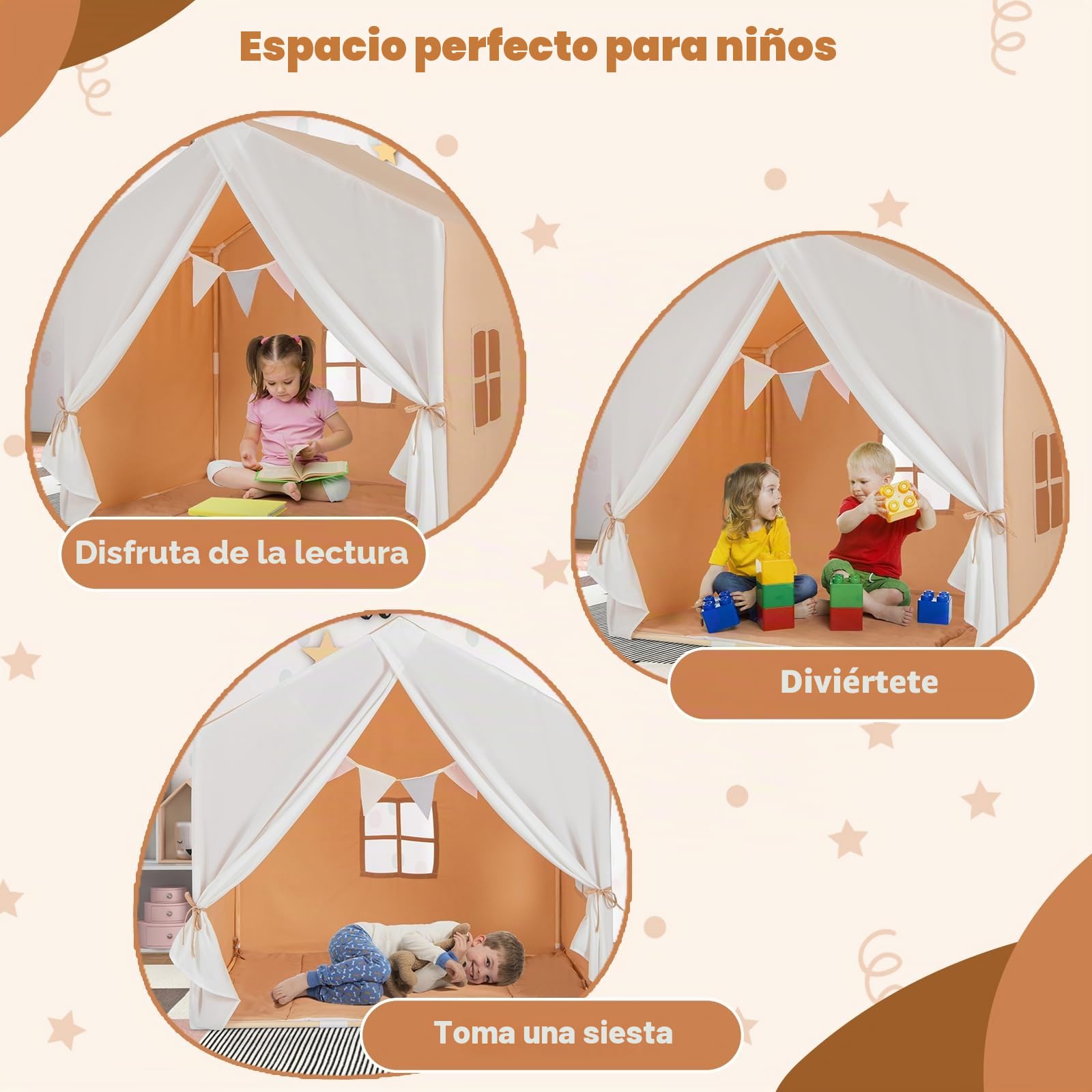 HOMASIS Tienda de campaña Infantil de Interior, Tienda de Juego con colchoneta y Cortina y Banderas, casita de Juego de Estructura de Madera para niños de 3+ años, 131 x 91 x 131 cm (Marrón)