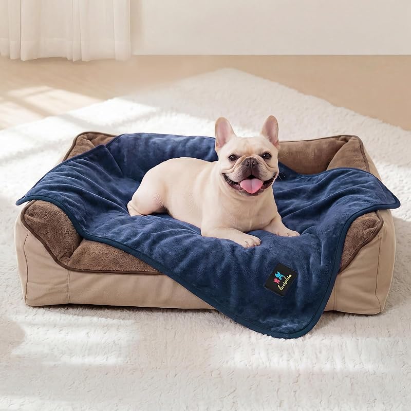 Manta Impermeável para Cães e Gatos, Reversível em Sherpa e Fleece, Luciphia Azul-Escuro e Branco 89 x 64 cm