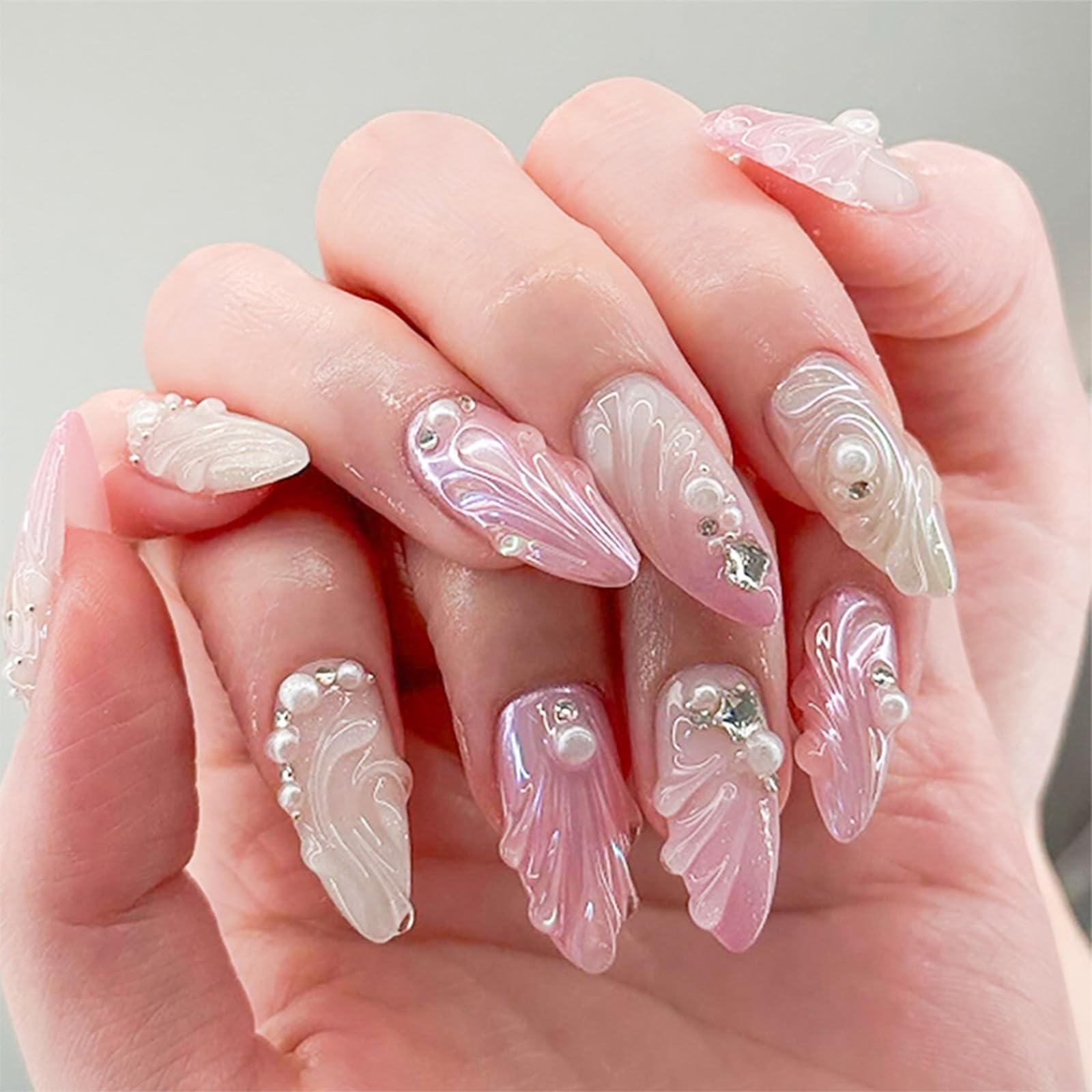 JONKASIPA 3D Press On Short Nails - Press on Almond Oval False Nails with Beautiful Patterns,Reusable Adhesive Nails, 12 Size (24 pcs)