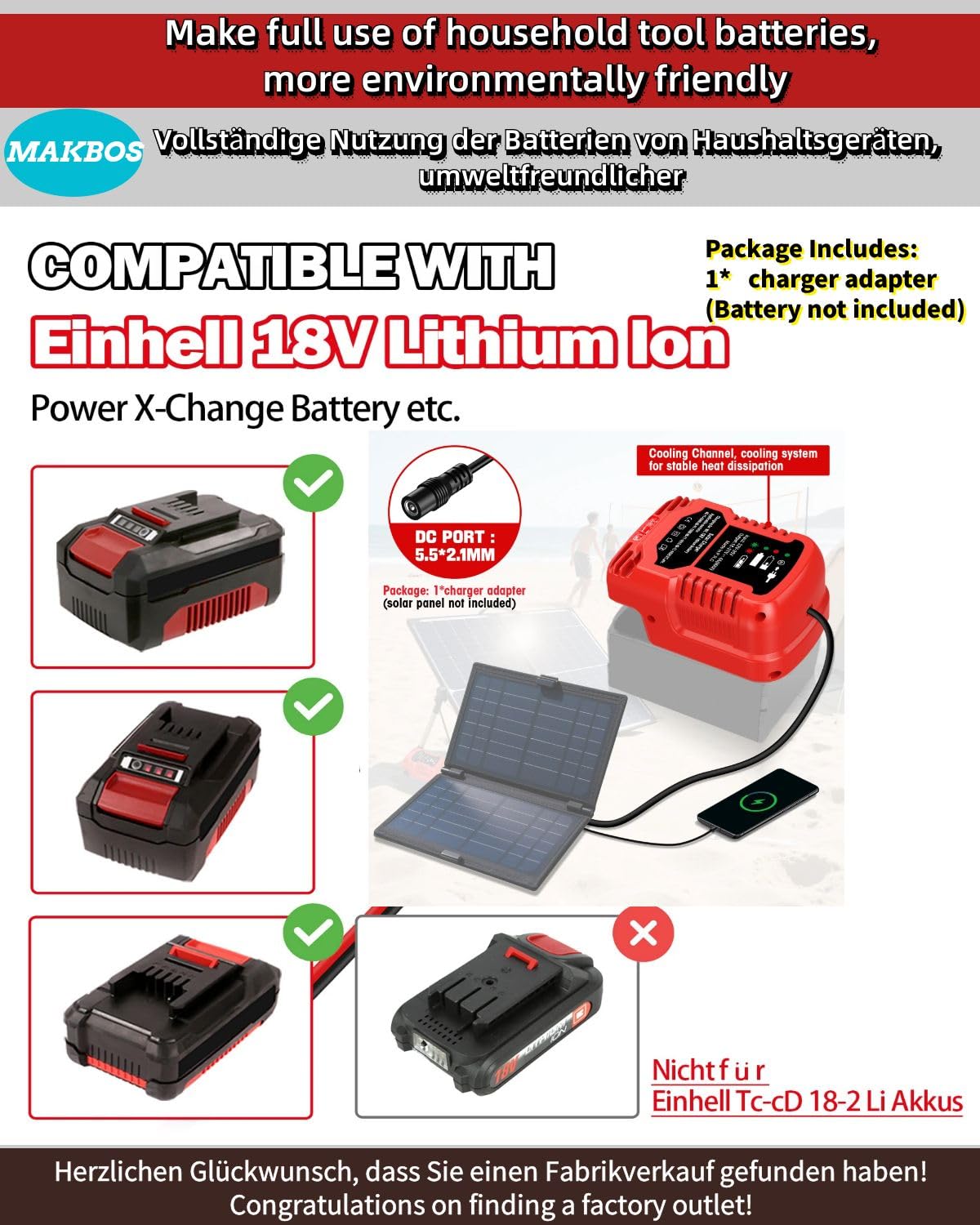 Solar Ladegerät für Einhell 18V Akku,Tragbar,Outdoor-Arbeit,Camping(Solar Panel and Battery not Included.)