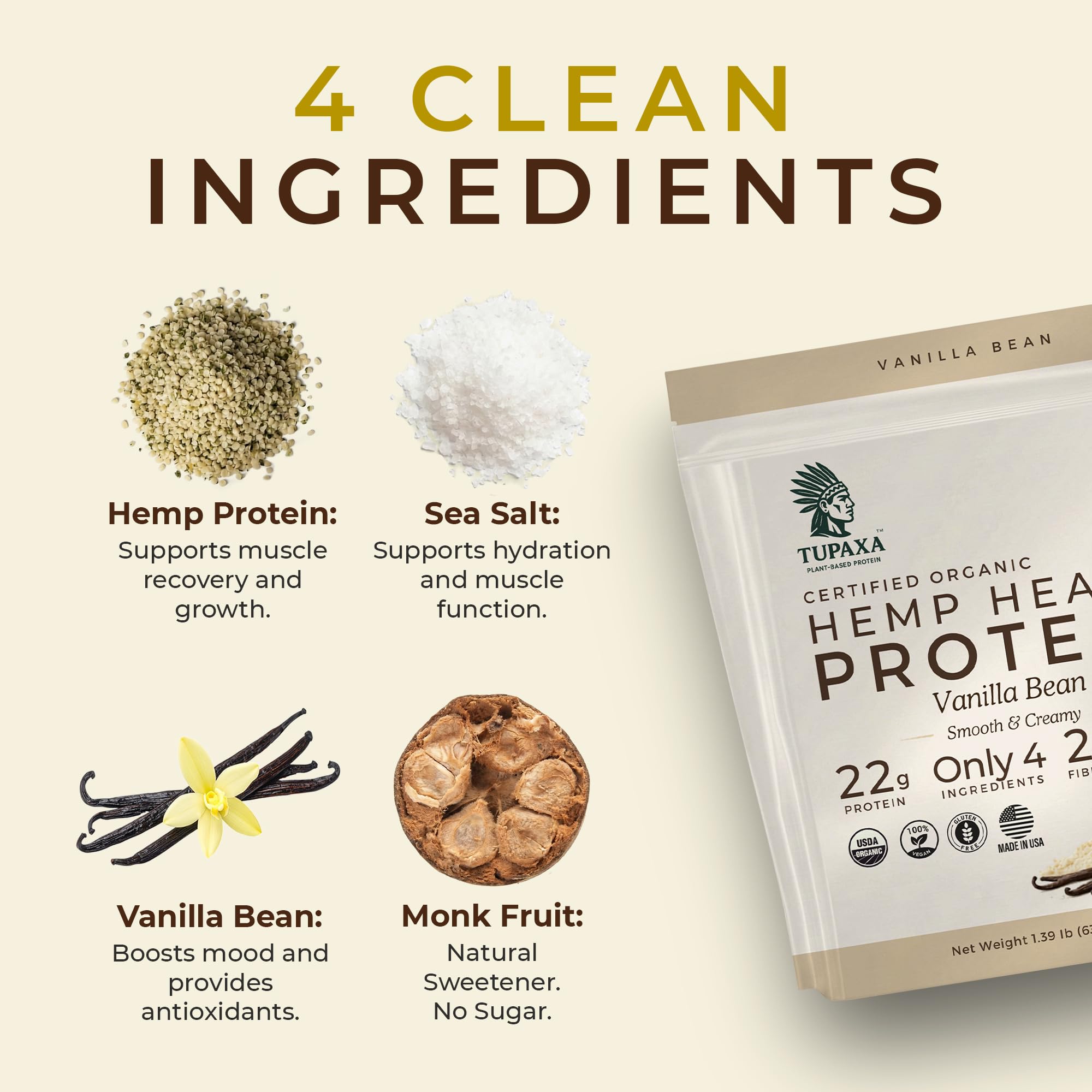 USDA Organic Hemp Protein Powder for Women & Men - Vanilla Bean Pure Natural - Plant Based Powder, Vegan, Gluten Free, Keto - Hemp Seed Powder Cold-Pressed — Amazon image 4