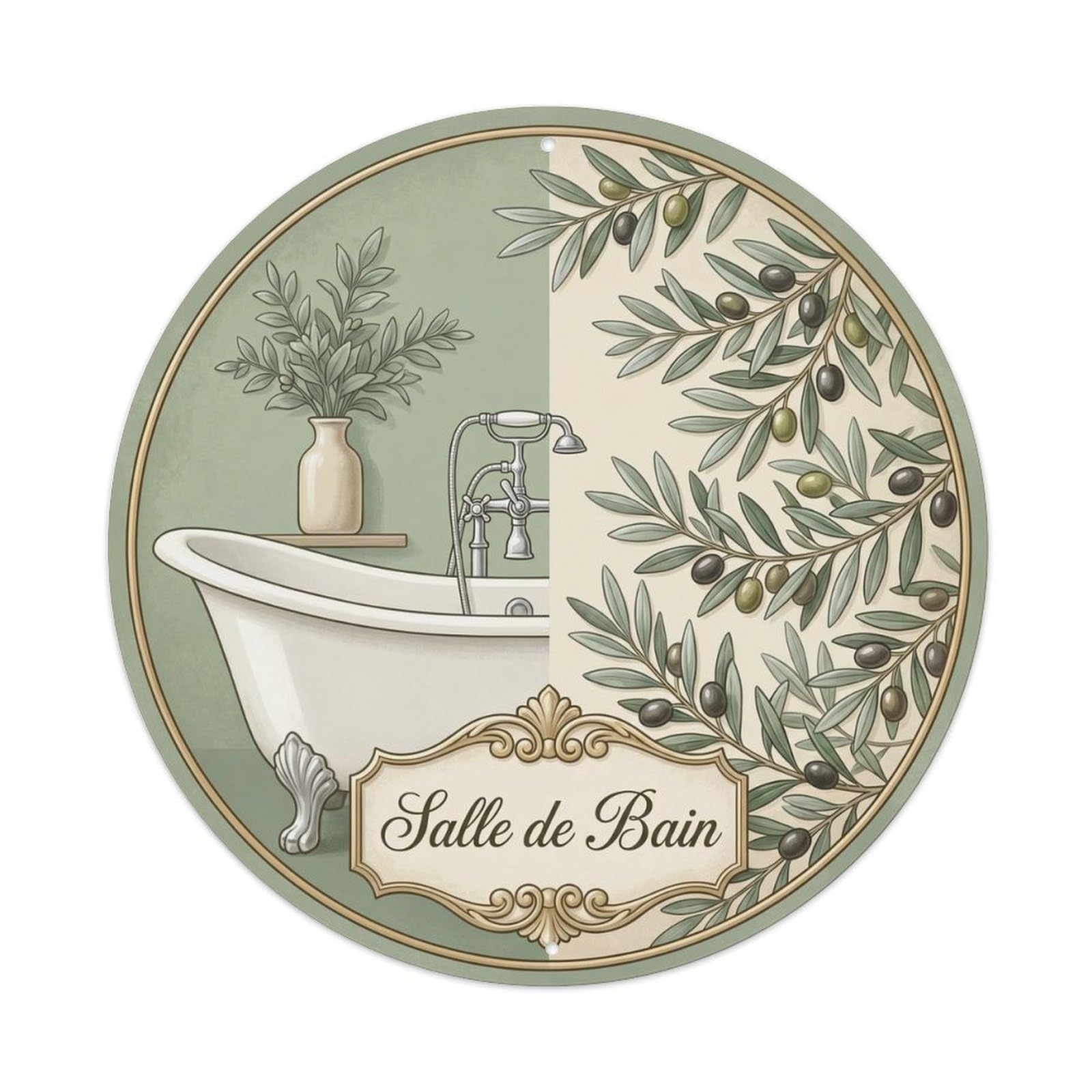 Yrnq Vintage Style Bathroom Olive Branch Round Bathroom Vintage Metal Tin Sign Plaque Wall Decor For Cafe, Club, Garden Round Metal Poster 8X8inch