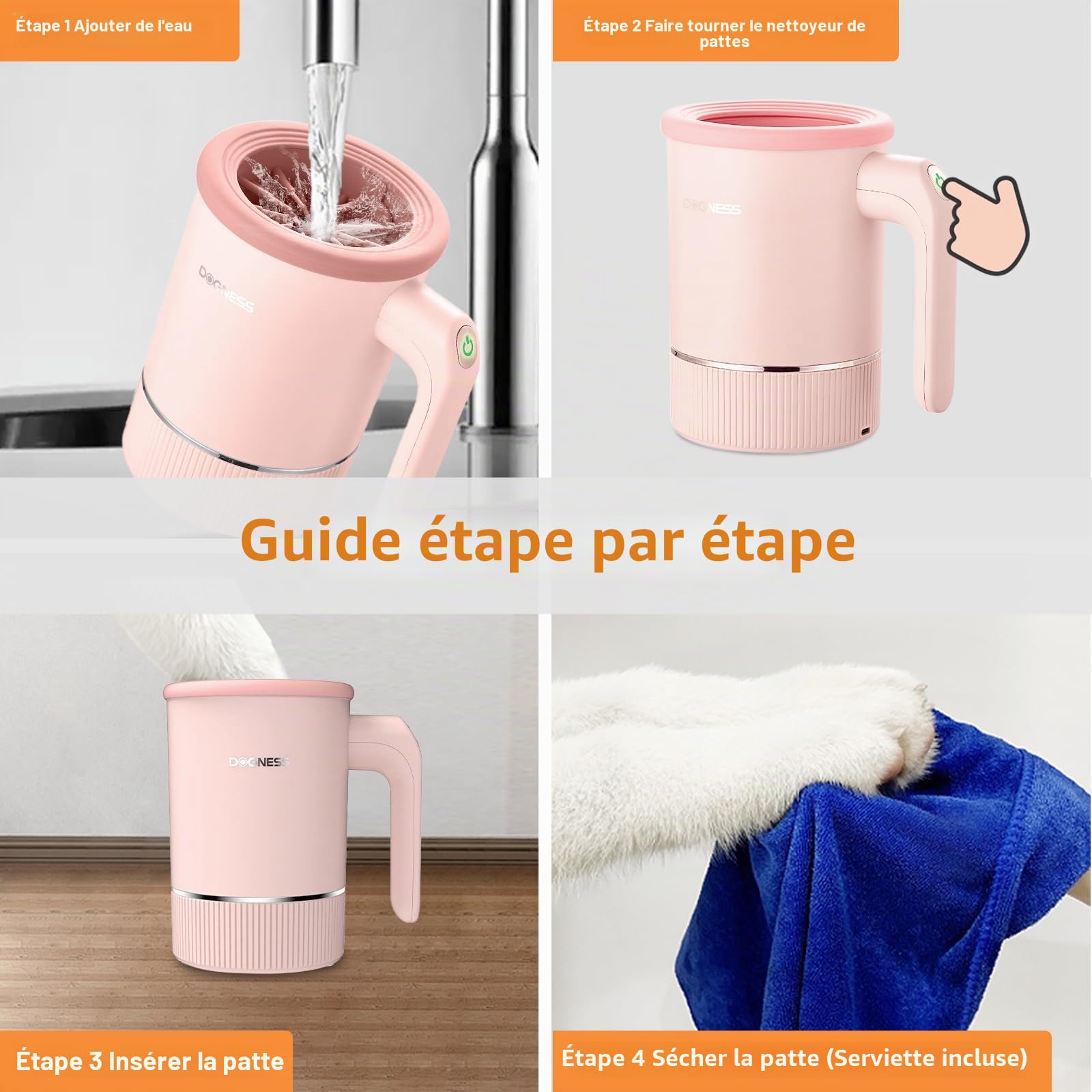 DOGNESS Nettoyeur automatique de pattes de chien pour grands chiens, avec silicone, type C, charge rapide USB, nettoyage de pattes de chien à 360° (rose)