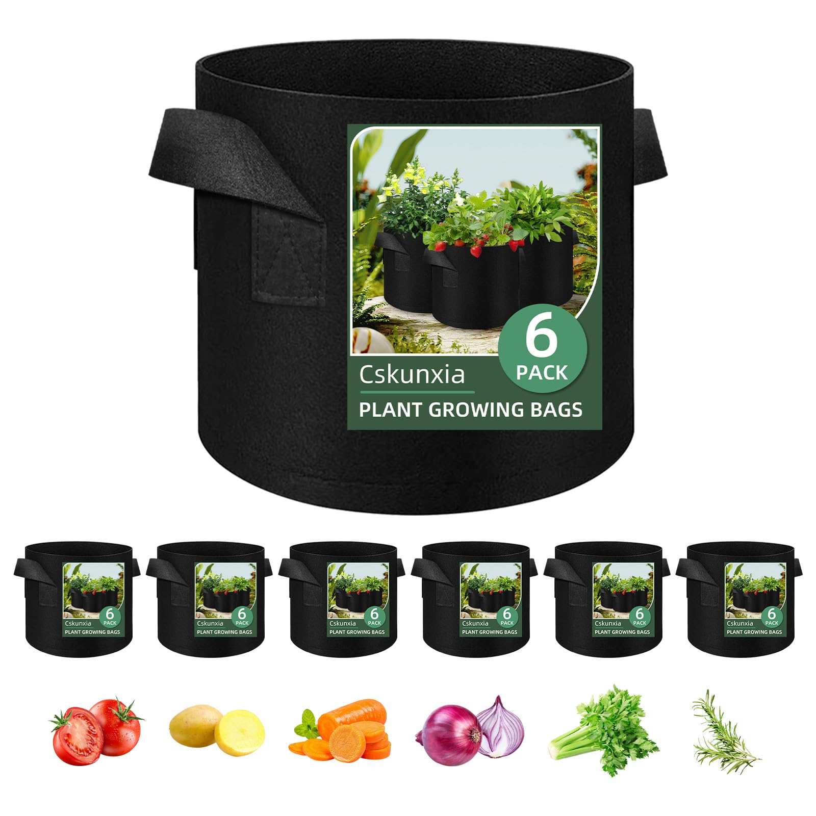 Cskunxia 6-Pack 7 Gallon Grow Bag, Non-Woven Fabric Pots Plant Bag, Plant Grow Bags with Handles