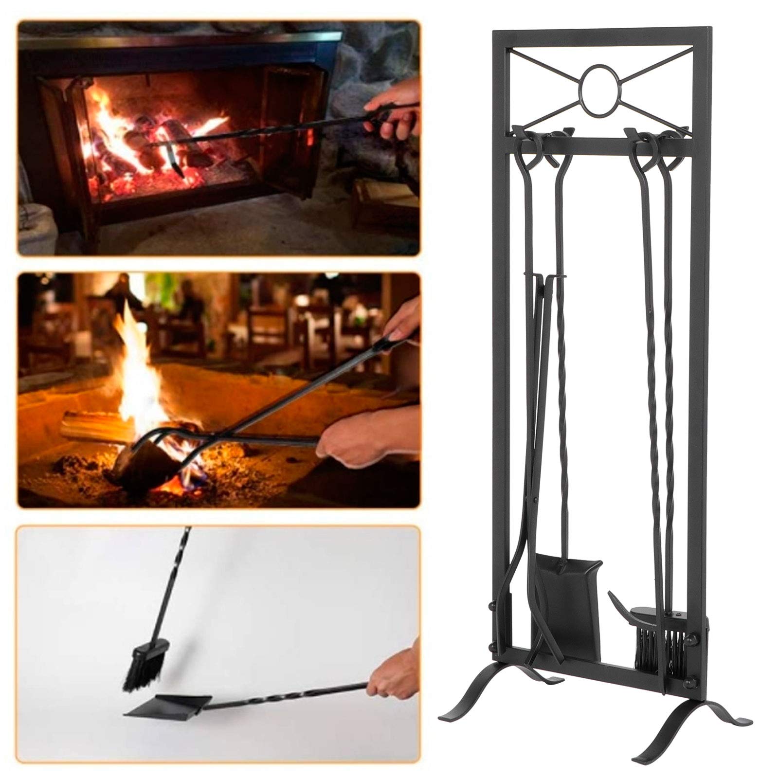 Cocoarm Juego de Herramientas para Chimenea Kit de Herramientas para Hoguera de Hierro con Soporte, Cepillo, Pala, Pinzas, Atizador, Base de 31,1 Pulgadas, Soporte Triangular, Fácil de Mover para