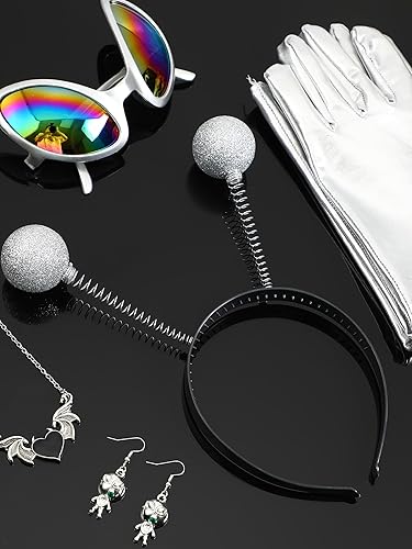 Miniatura 4 de Panitay 5 piezas de disfraz de alienígena de Halloween para mujer, diadema de alienígena, gafas de sol, guantes plateados, collar y aretes