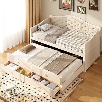 Twin Size Daybed with Trundle and 2 Storage Drawers, Solid Wood Upholstered Day Bed with Button-Tufted Backrest, Space-Saving Sofa Bed with Pull-Out Trundle for Bedroom, Living Room, or Guest Room,Bei