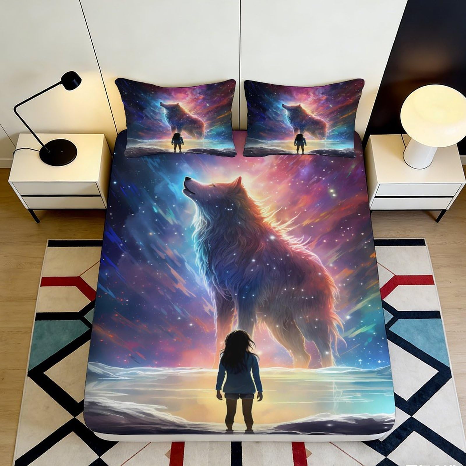 3D Printed Wolf Galaxy Fitted Sheet Microfiber Vibrant Cosmic Bed Cover for Bedroom Dorm Artistic Mattress Decor 90x200x25cm