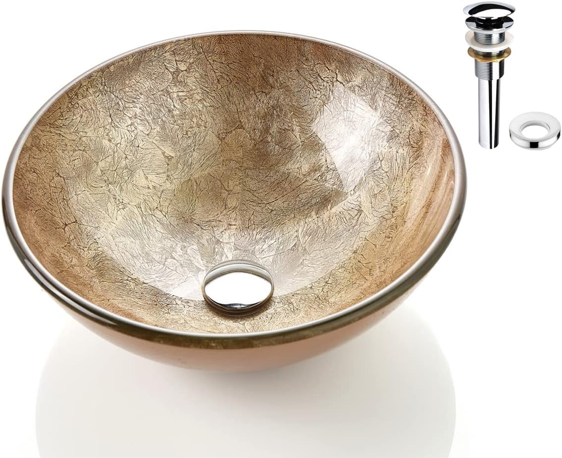 Honeysuckle Series Round Tempered Deco Glass Vessel Bathroom Sink | Top Mount Sinks Above Countertop |Handicraft Vanity Countertop Sink Bowl with Pop Up Drain |FW-LA603