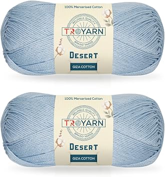 Troyarn Desert Giza Cotton 2- Skeins Pack 100% Mercerized Giza Cotton Yarn Super Fino Worsted Weight #1 Soft Knitting and Crochet Yarn 2 x 1.76 oz / 2 x 137 Yds 11074 - Light Blue