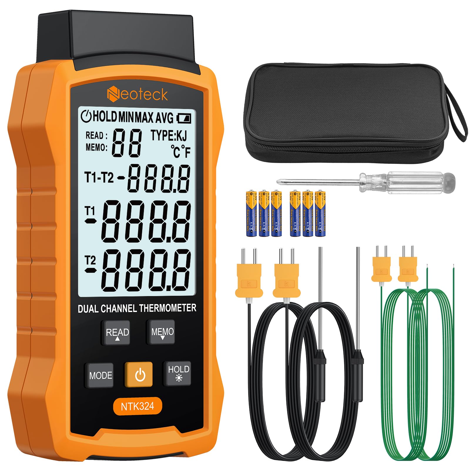 Neoteck Termometro a Doppio Termocoppia -50~1300℃ Digitale 2 Canali Tipo K/J con 4 Sonde, Memoria 99 Dati, Display LCD Retroilluminato per HVAC