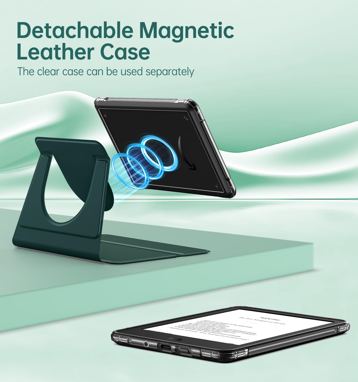 MoKo 360° Rotating Case for 6" All-New Kindle (11th Generation-2024/2022 Release), Clear Back Detachable Magnetic Protective Adjustable Stand Cover with Auto Wake/Sleep, Midnight Green - 3