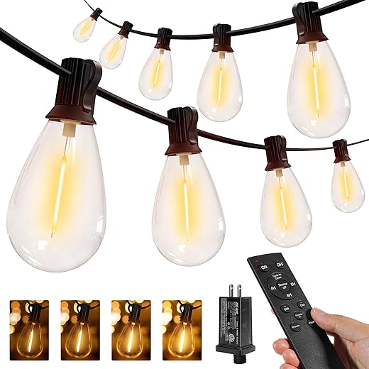 Ollny S11 100FT Outdoor String Lights with Remote, Plug in Waterproof Connectable 3 Modes Dimmable Timers Patio Lights with 48+2 LED Spare Bulbs, Dusk to Dawn Outdoor Light for Outside Bistro Yard