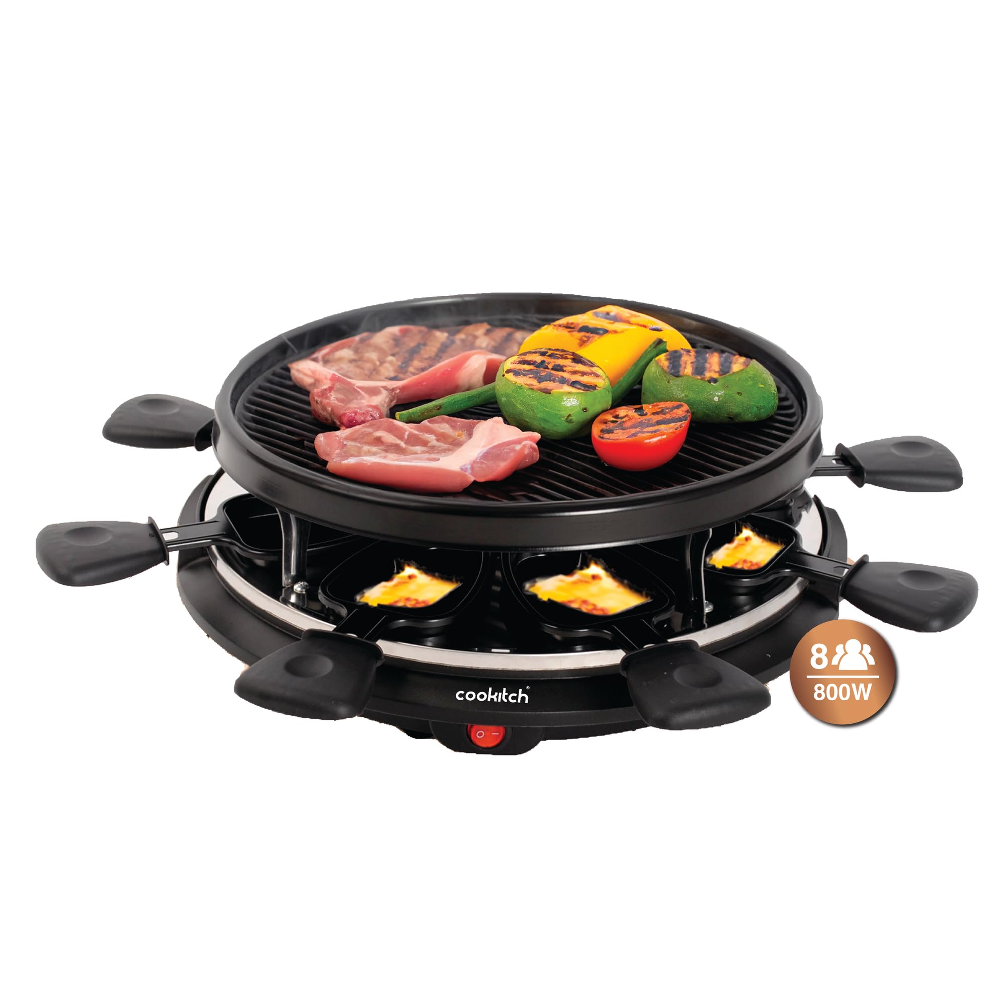 Raclette 8 Personas - Plancha Redonda Grill Antiadherente y 8 Sartenes, Parrilla eléctrica para asar Carne, Verduras y fundir Queso