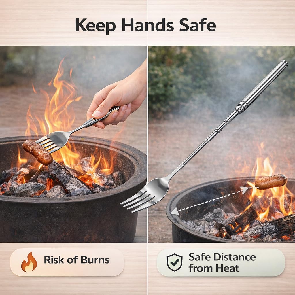 1PC Extendable Fork - Telescopic Roasting Fork - Stainless Steel Long Handle BBQ Tool for Camping Fire Pit and Outdoor Cooking - Silver 22.1-64.6cm - 4