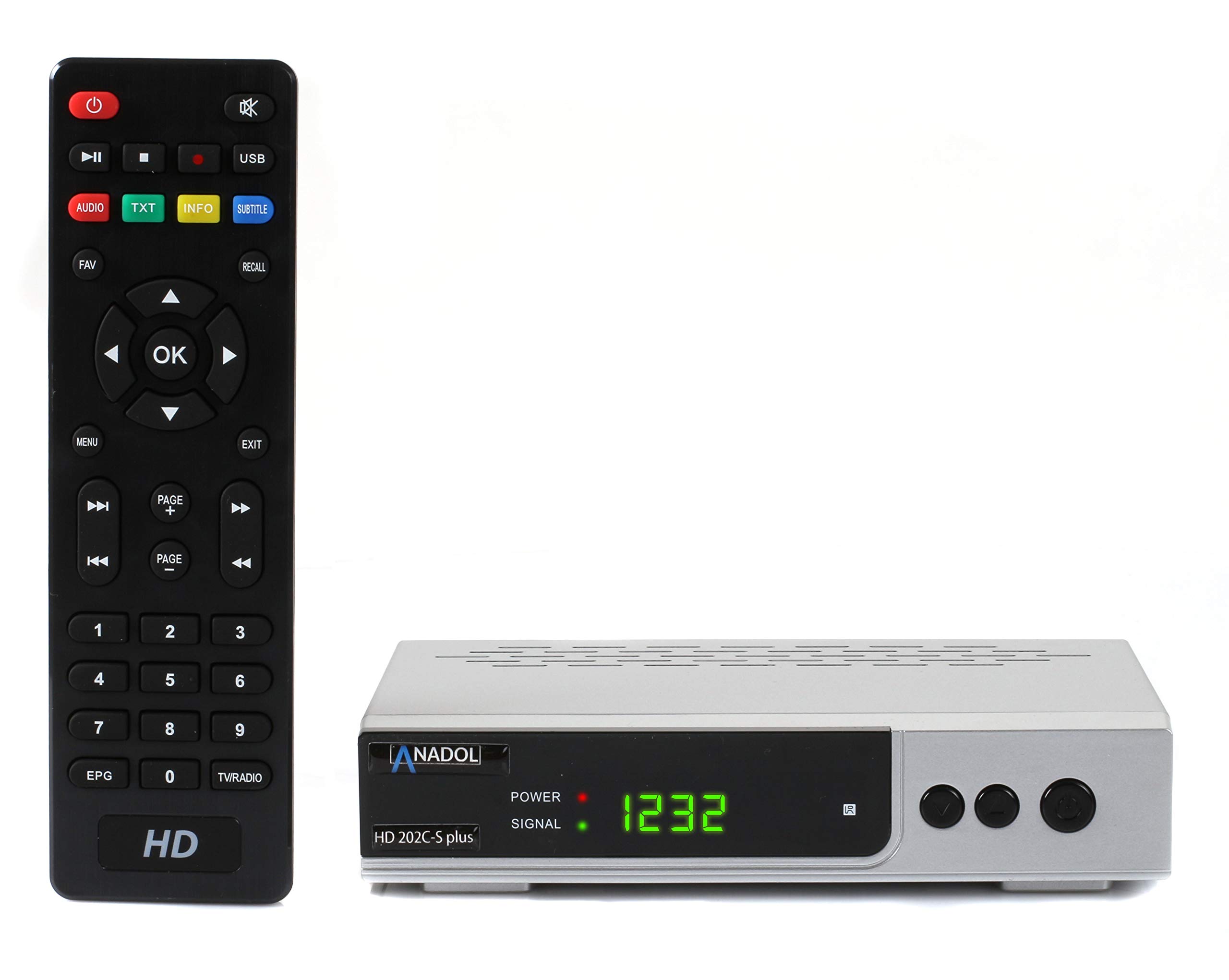 Anadol HD 202c-s Plus digitaler Full HD 1080p Kabel-Receiver [Kabelfernsehen für jeden Kabel-Anbieter geeignet] HDTV, DVB-C / C2, HDMI, SCART, Coaxial, Mediaplayer, USB 2.0 – Kabelreceiver Silber