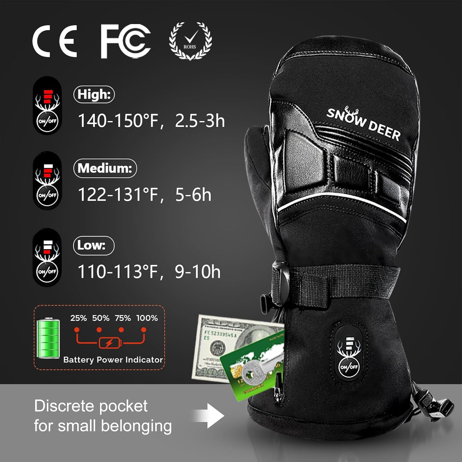 SNOW DEER Heated Mittens for Men and Women Waterproof Ski Gloves with Touchscreen 7.4V 3000mAh Battery Gloves Electric Rechargeable Thermal Mittens for Hands Warm