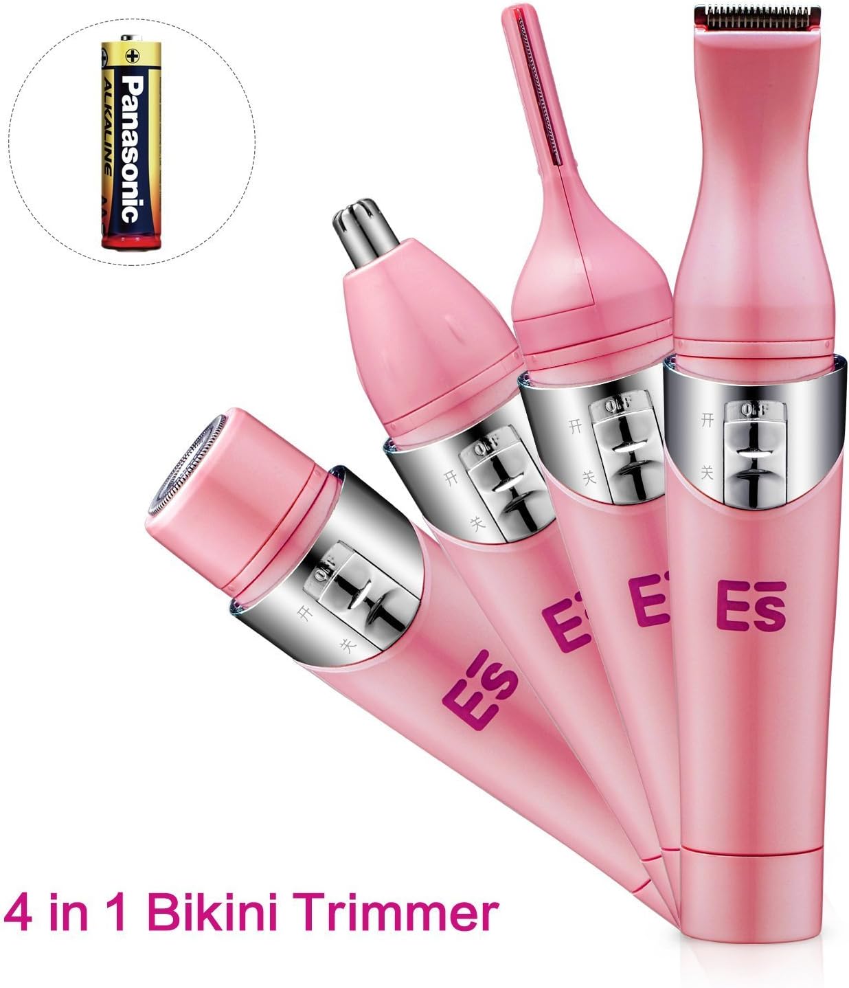 Bikini Trimmer, 4 in 1 Women Shaver Eyebrow Trimmer Nose Trimmer Battery Operated Bikini Grooming Kit Mini Portable Design Women Groomer Kit for Bikini Area/Armpit/Arm/Leg (Pink)