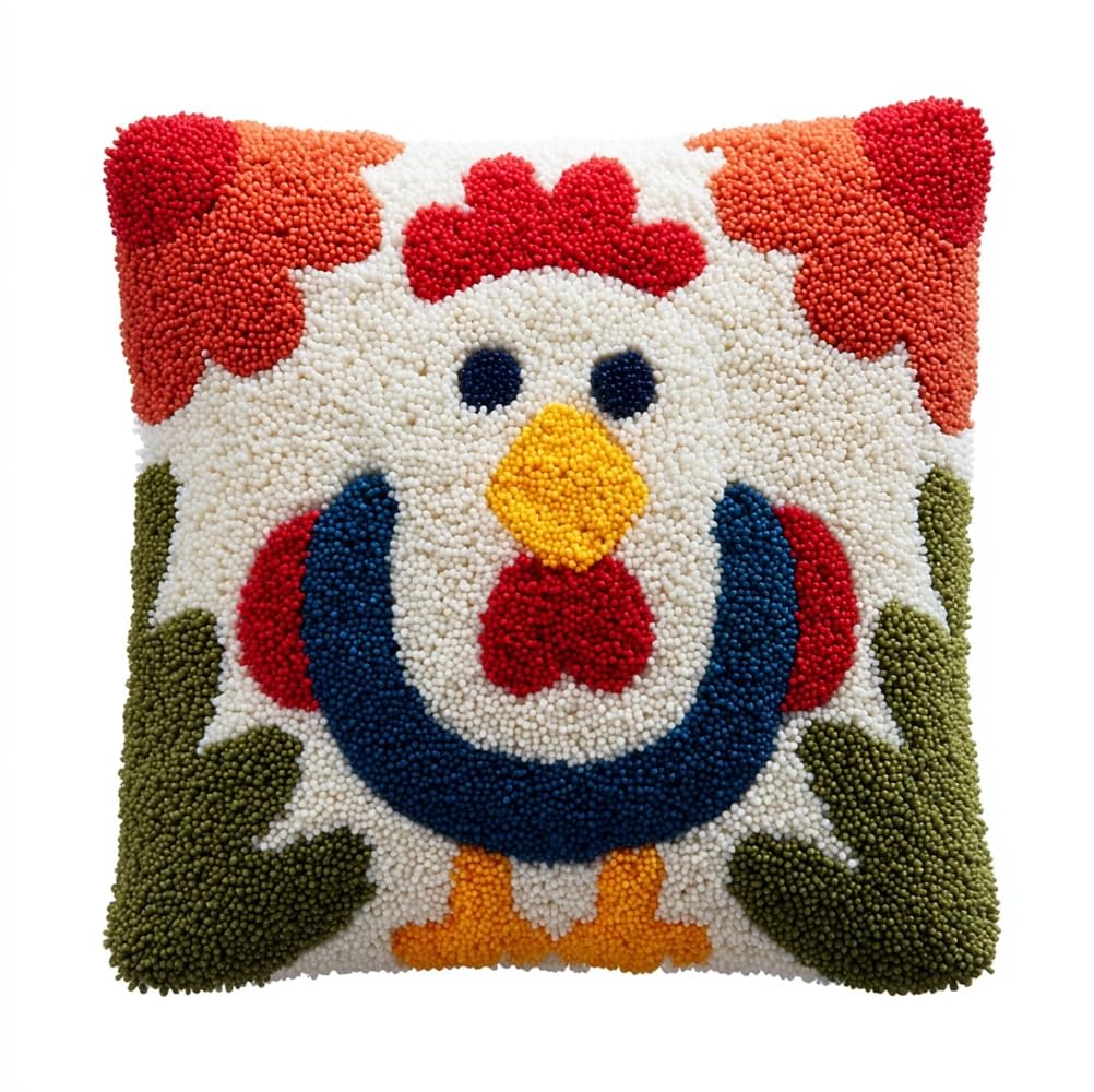 Latch Hook Pillowcase Embroidery Kit,Chicken Latch Hook Cushion Cover For Adults And Beginners, 17X17 Inch Embroidery Kits 43X43Cm,Diy Needlework Pillow Cover Cushion Rug Making Kit, Diy Cra