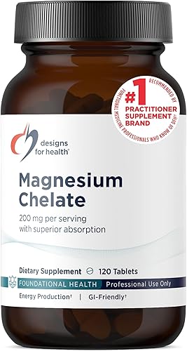 Designs for Health Magnesium Chelate Tablets - 200mg Magnesium Bisglycinate Chelate - Non-GMO Supplement Designed to be Easier on The Stomach (120