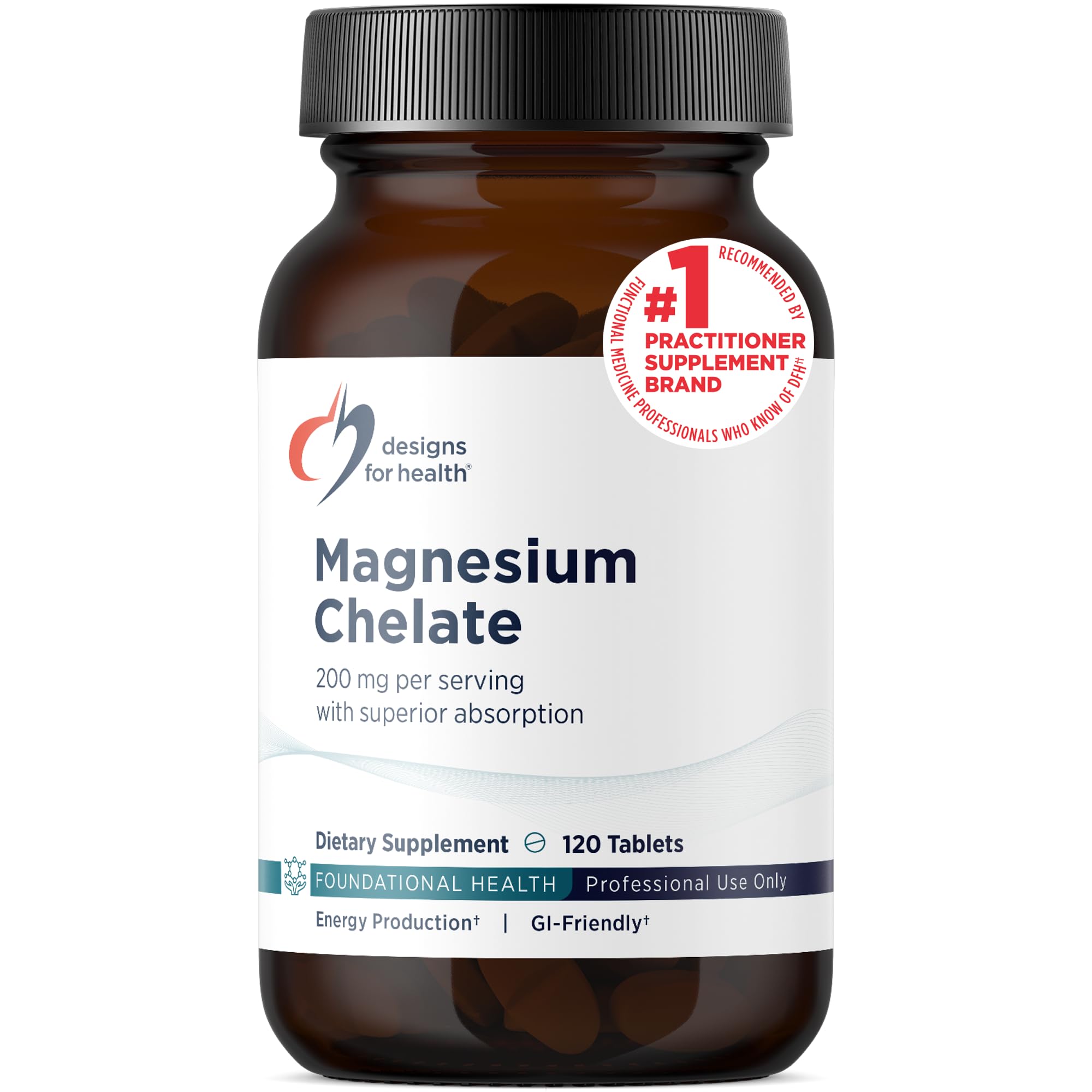 Designs for Health Magnesium Chelate Tablets - 200mg Magnesium Bisglycinate Chelate - Non-GMO Supplement Designed to be Easier on the Stomach (120
