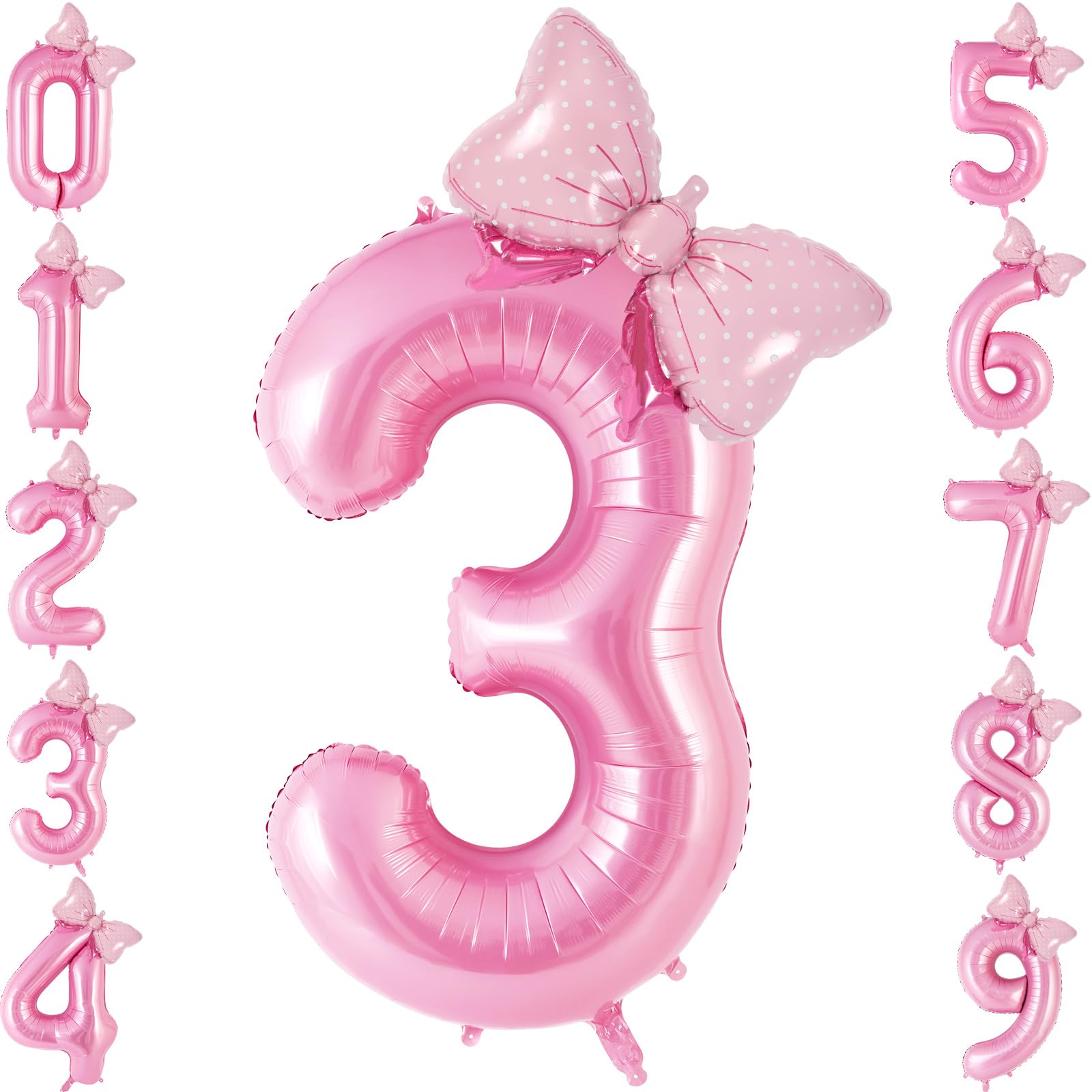 Bow Pink Number 3 Balloon, 40 Inch Large Foil Number Balloons With Bow, Big Mylar Pink 3 Balloons for 3 Year Old Birthday Party Decorations Supplies