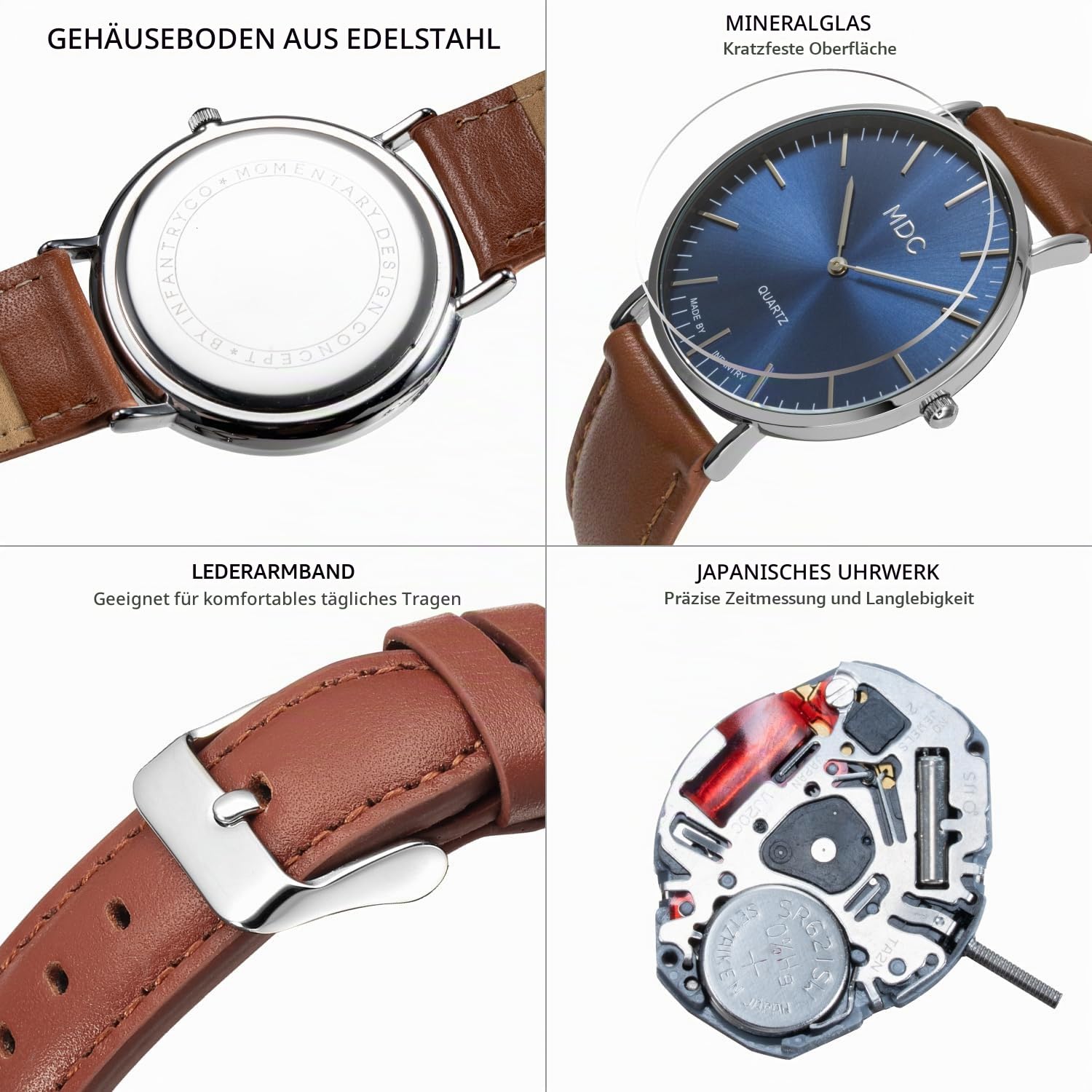 Infantry MDC Minimalistische ultradünne Herren-Armbanduhr, analog, Quarz-Armbanduhr, für Herren, lässig, Business, mit Echtlederarmband
