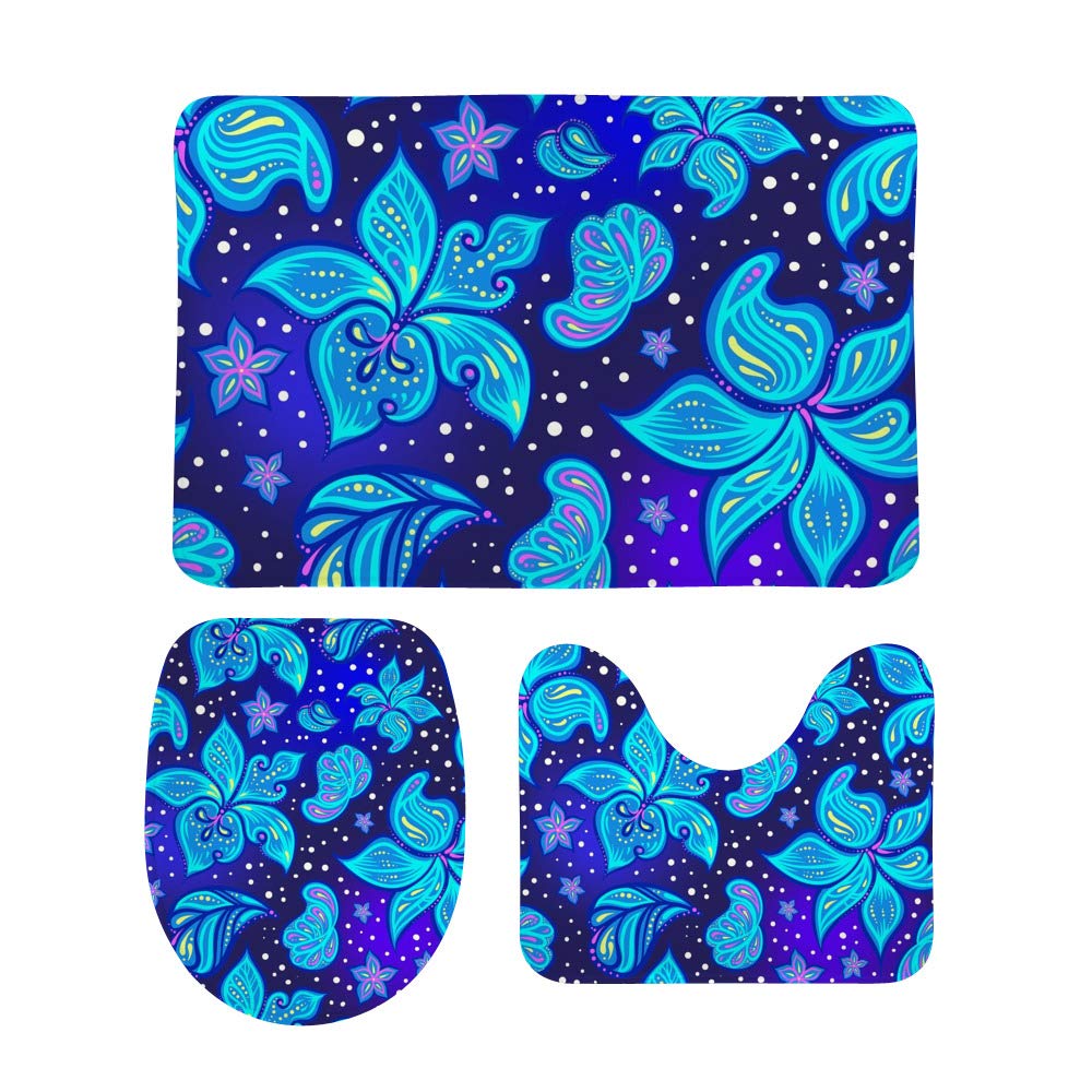 Tapis de bain en U bleu vif motif feuilles Ruchen lot de 3 pièces pour salle de bain