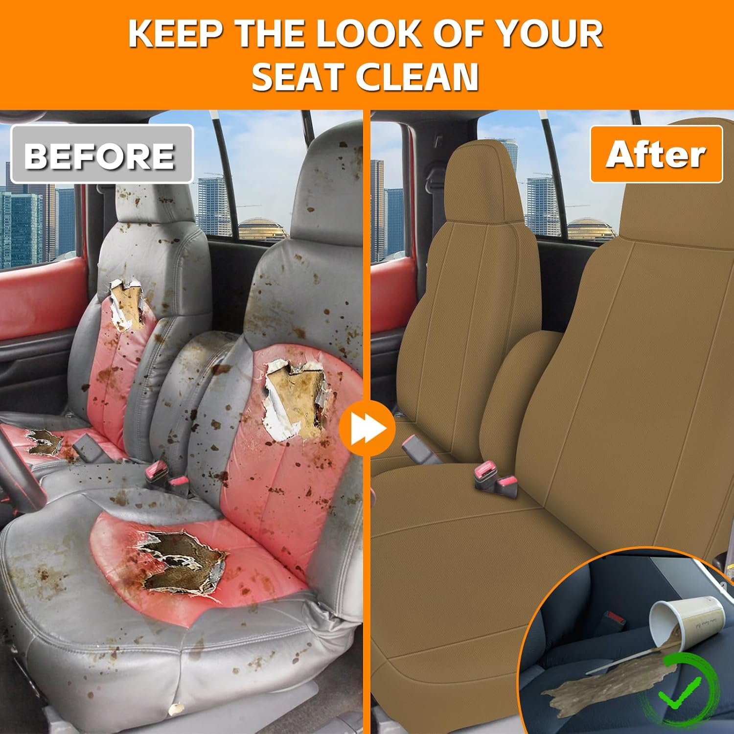 Seat Cover Compatible with 1998-2003 Chevy S10 60/40 Split Seat with Opening Center & Molded Headrests, Dutch Velvet Fabric, Tan