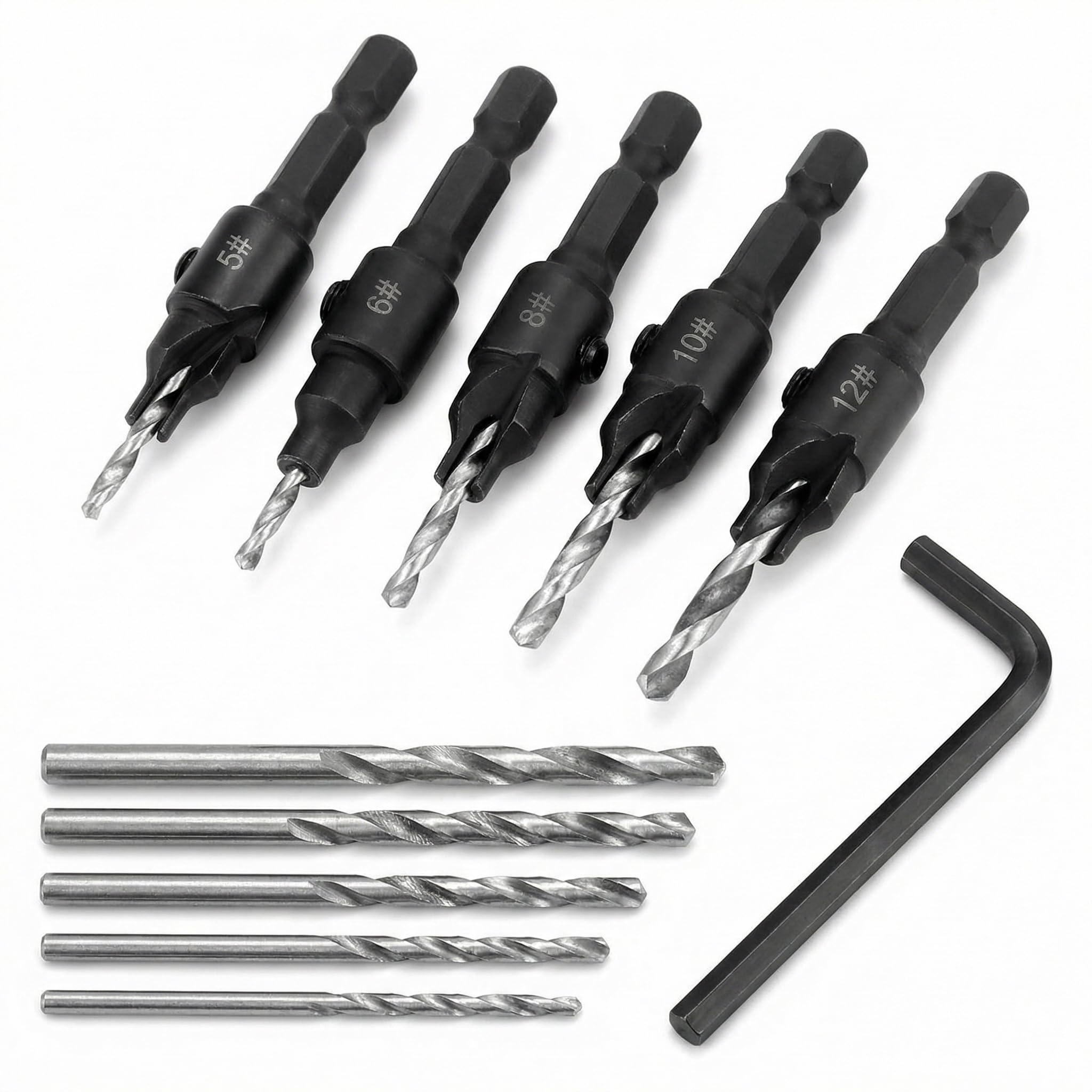QWORK® 5 piezas broca avellanadora, 5#,6#,8#,10#,12#, vástago hexagonal de 1/4", con 5 uds de brocas reemplazables y una llave hexagonal para carpintería