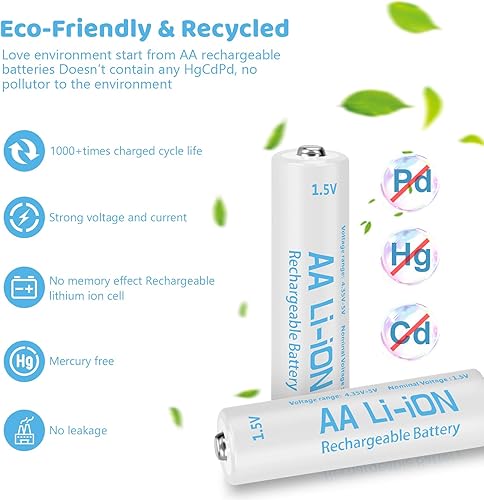 Miniatura 5 de Paquete de 4 baterías recargables AA de litio de 1.5 V con cargador (ranura independiente de 4 bahías), batería doble A de larga duración, 3600 mWh