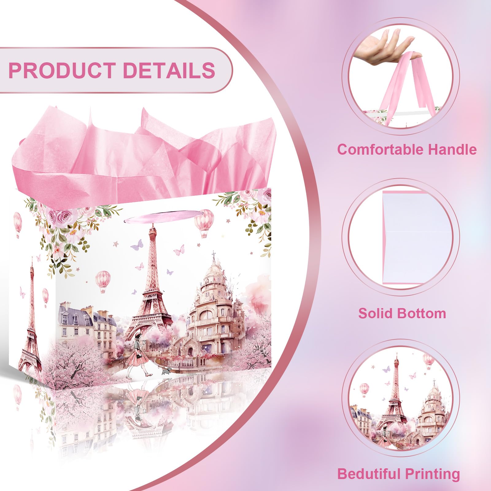 Wxiben Paris Themed Party Decorations - Eiffel Tower Gift Bag, Pink Flower Party Favor Wrapping Bag with Handle Tissue Paper Greeting Card, Birthday Baby Shower Decor Supplies for Women Girls