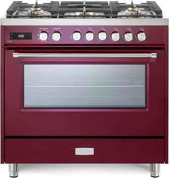 Verona VUFSGE365BU 36 inch Ultima Collection Freestanding Dual Fuel Range with 5 Sealed SABAF Brass Burners, 5 cu. ft. Oven Capacity in Burgundy