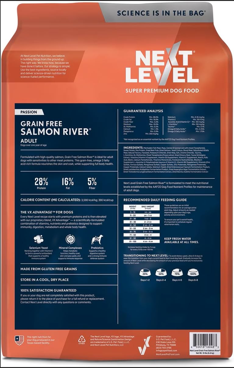 Next Level Super Premium Dog Food – Grain Free Salmon River – Dry Kibble for Dogs at All Life Stages of All Breeds – 28% Protein, Fish and Sweet Potato, Gluten Free Grains (15 Pound)