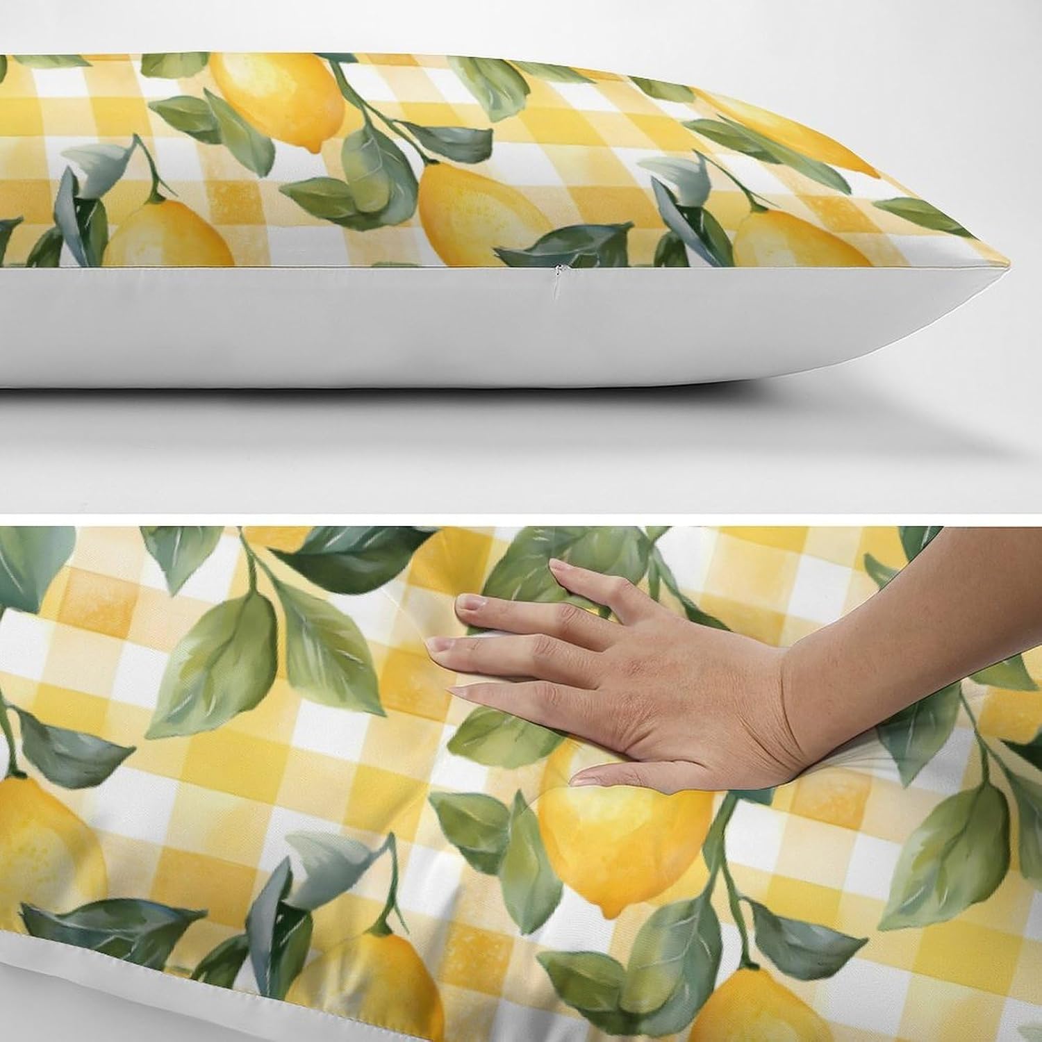 Yellow Lemon Check Stripes Body Pillow Cover Long Cushion 18.9x53.1 Inch | pillowcase,bed decor,farmhouse,sofa