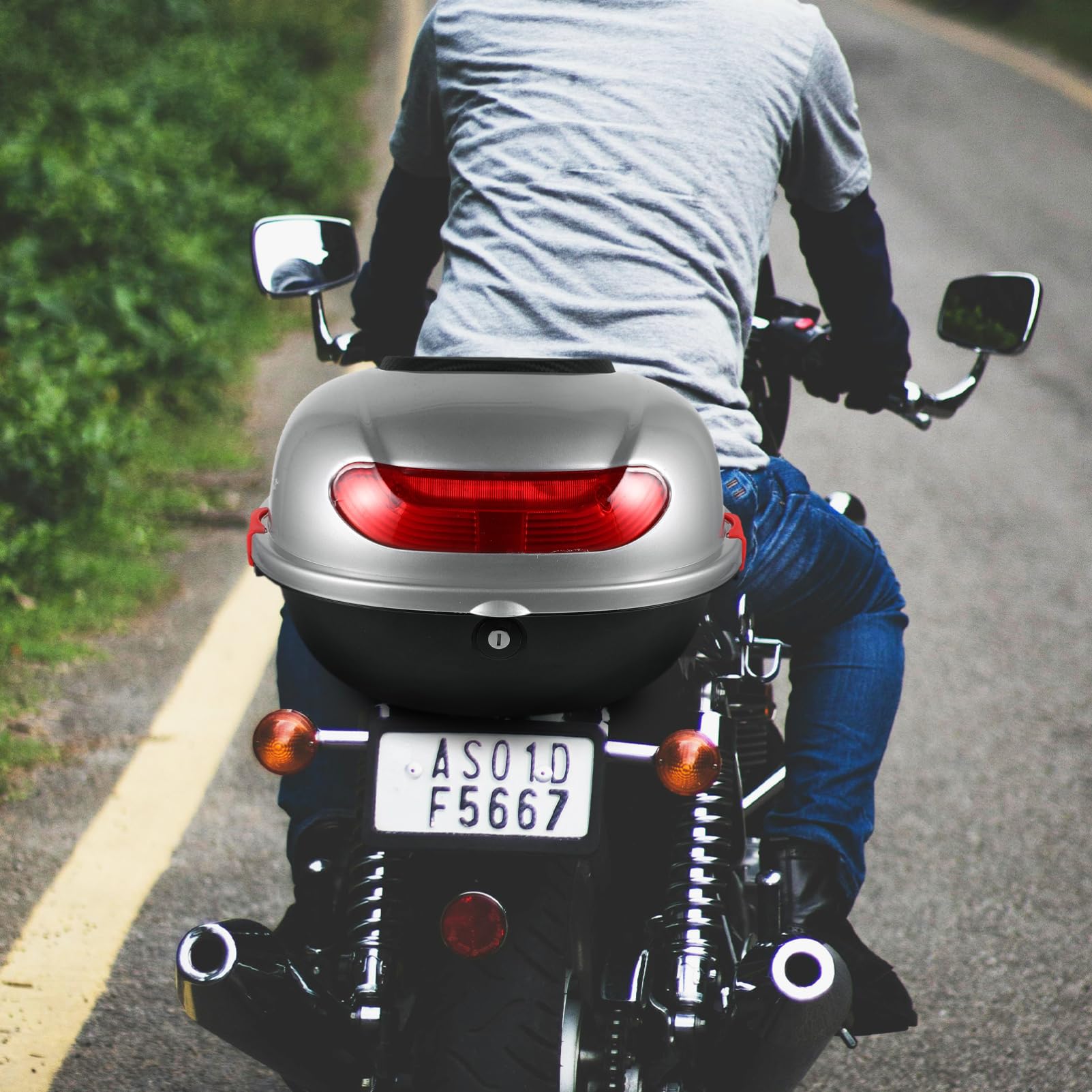 VOSAREA Coffre Arrière Moto Argenté Base et Sangles Grosse Boîte de Rangement Étanche pour Scooter Électrique Top Case Polyvalent pour Transport Bagages et Outils Moto