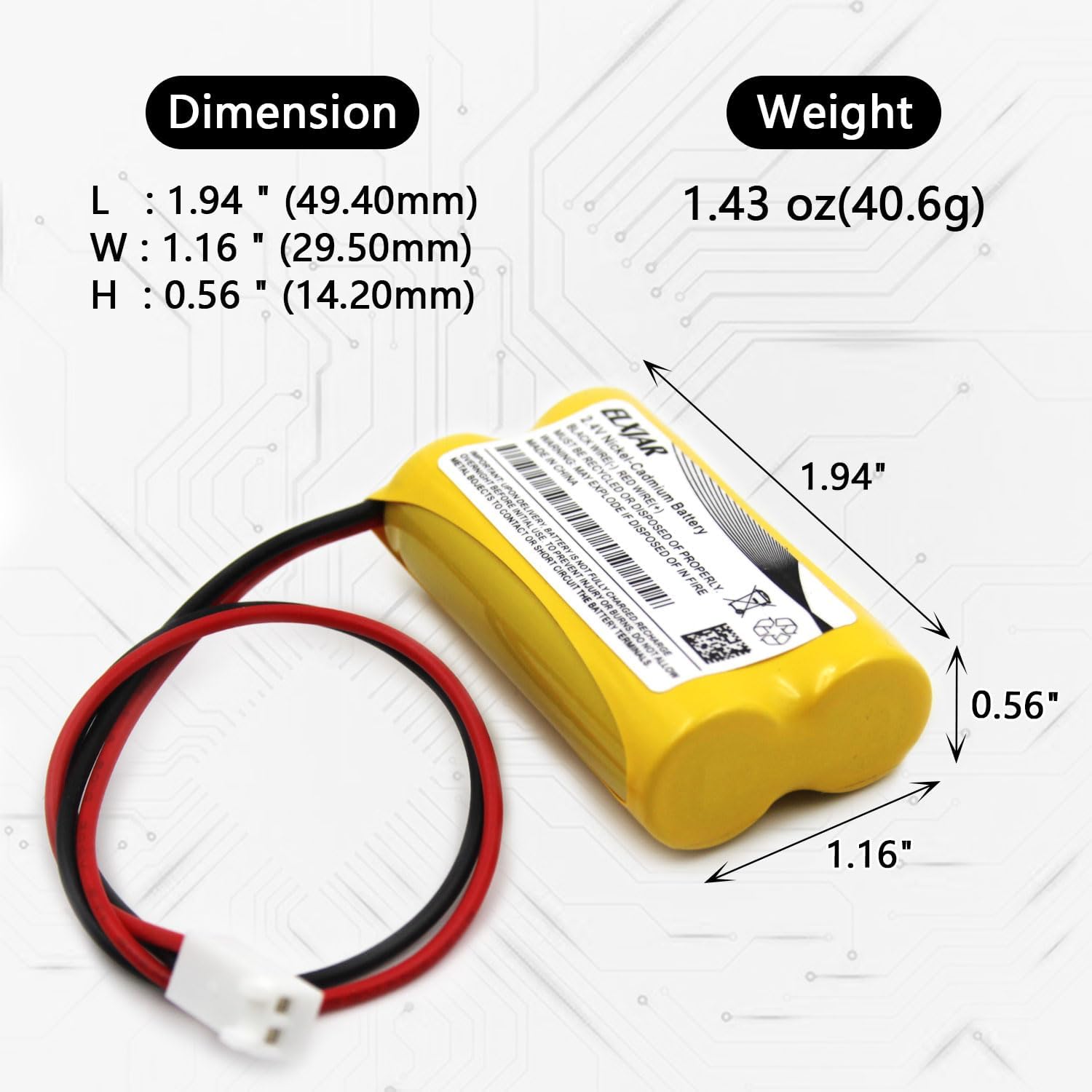 (5-Pack) 2.4V 800mAh Ni-Cd Battery for 0120822, ELB-2P41N | Fits CUSTOM-7, CUSTOM-29, ELB-4804N, CUSTOM-241 and OSA030 emergency lights; includes 8-inch wire leads.