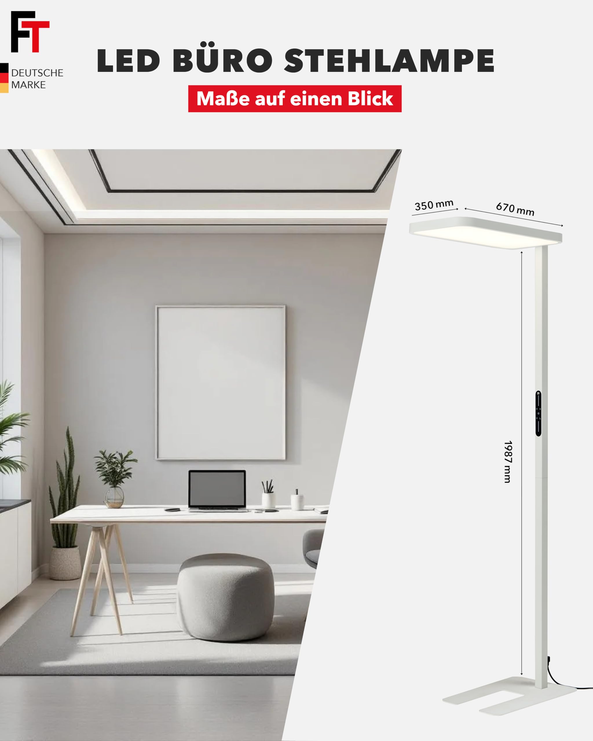 FeinTech LT920 LED Büro Stehlampe 100W Dimmbar 40W Down + 60W Up, UGR < 16, Ra > 98 und RG0 Vollspektrum Augenschutz LED Standleuchte, 8400 Lumen Tageslicht Bürolampe 4000K
