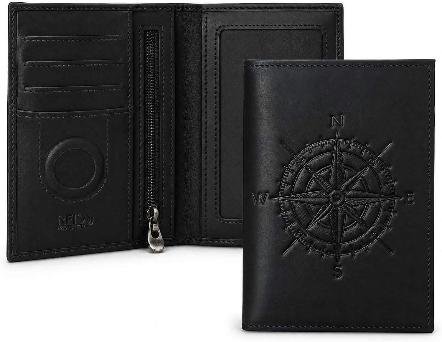 Mens Passport Wallet, AirTag, RFID, Leather, Compass, Black | Crazy Horse Leather, Compass Pattern, RFID Blocking, AirTag Holder, Passport Slot, 3 Card Slots, Zip Pocket, Pen Holder