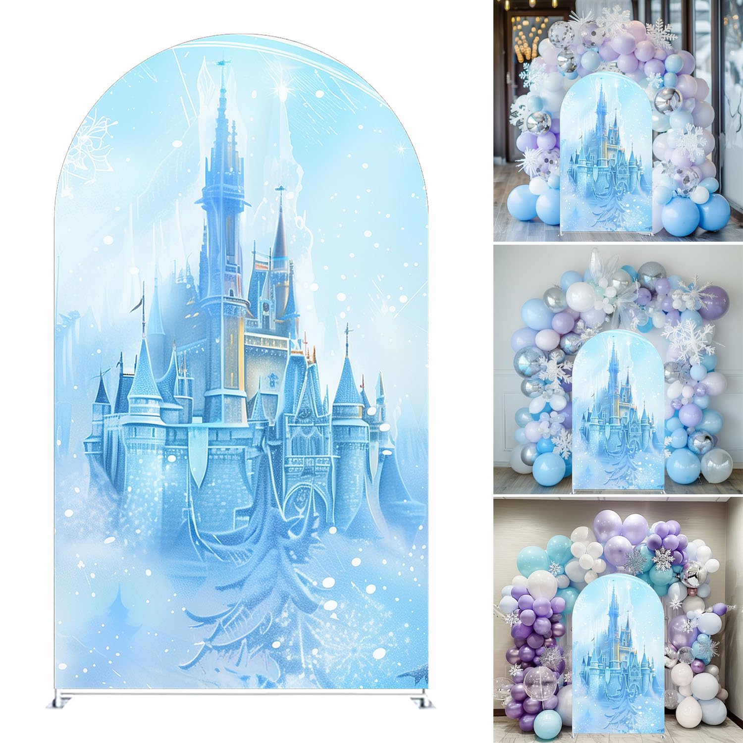 NIVIUS PHOTO Ice Castle Background Birthday Baby Shower Party Arch Backdrop Cover Semi Circular Top Bilayer Fabric Event Decoration Props (4x7.2ft(
