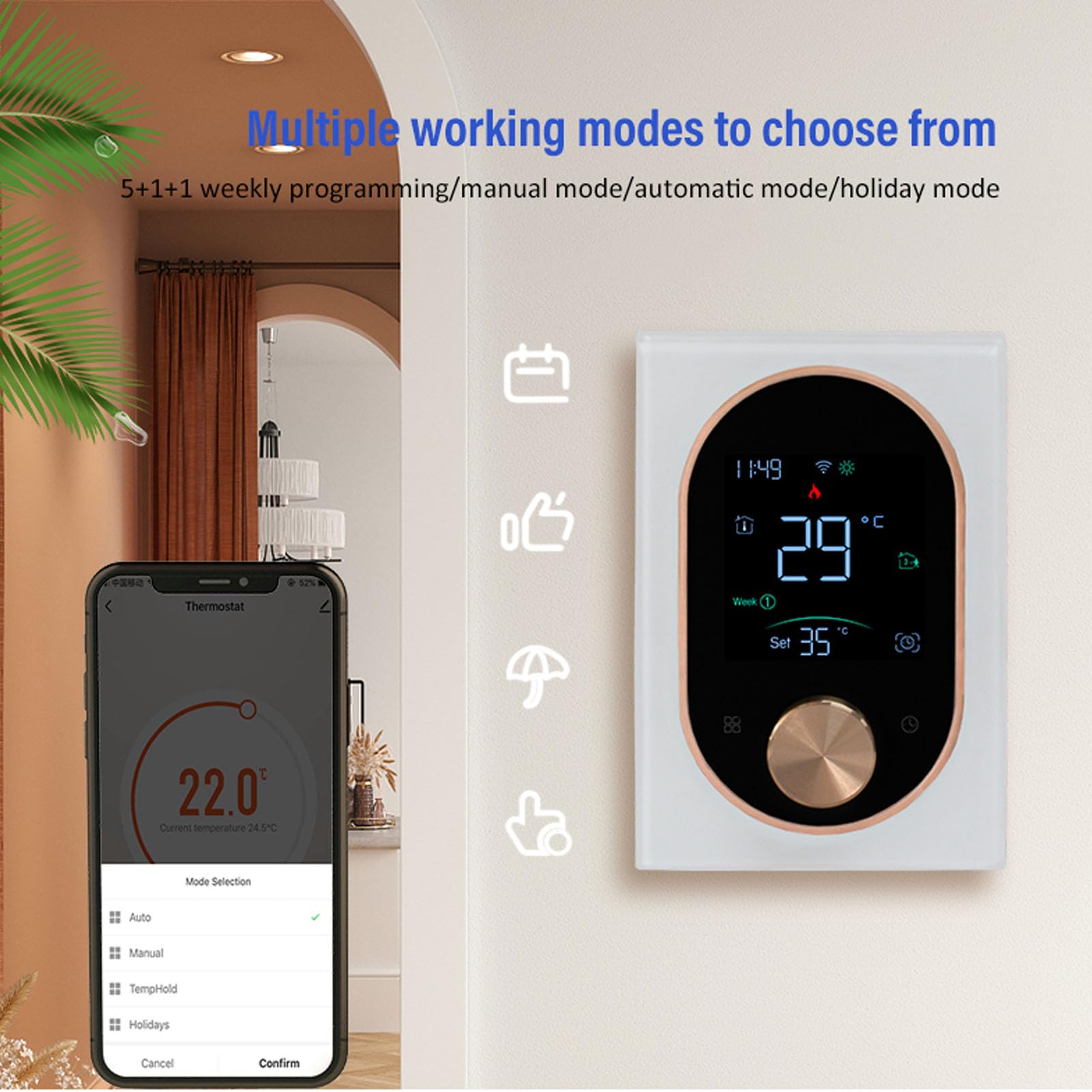 LiebeWH WiFi Inteligentny Termostat Pokojowy Wyświetlacz LED Tygodniowy Programowalny Elektryczny Sterownik Ogrzewania do Kontroli Domowej Aplikacji Mobilnej, Komputera PC, Materiału ABS (WHITE)