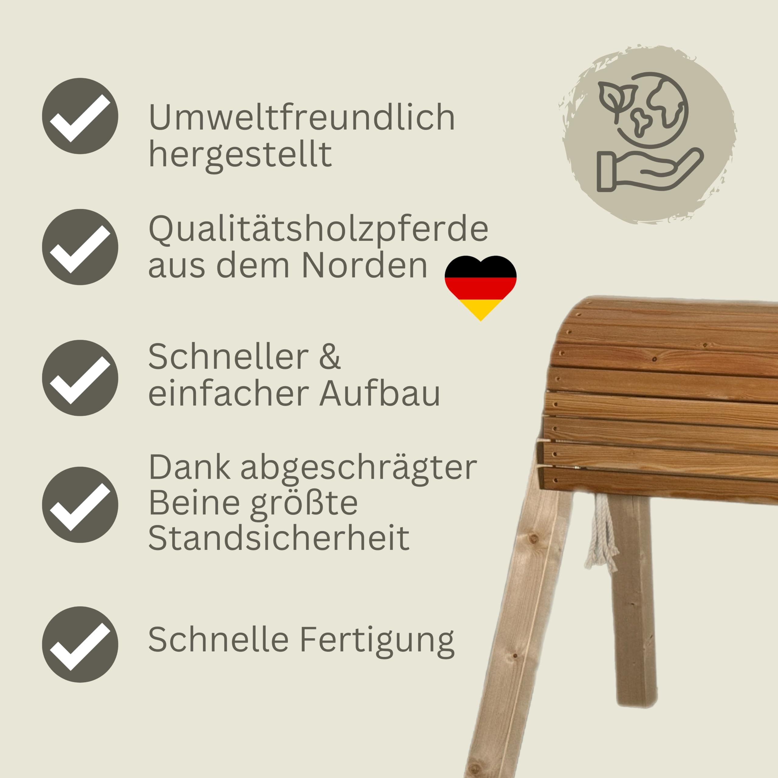 Wolle 100cm für draußen Reitpferd Garten Voltigierbock für Kinder, Stehpferd groß, Gartenpferd handgefertigt aus Deutschland, Voltigierpferd Holzpony mit Mähne