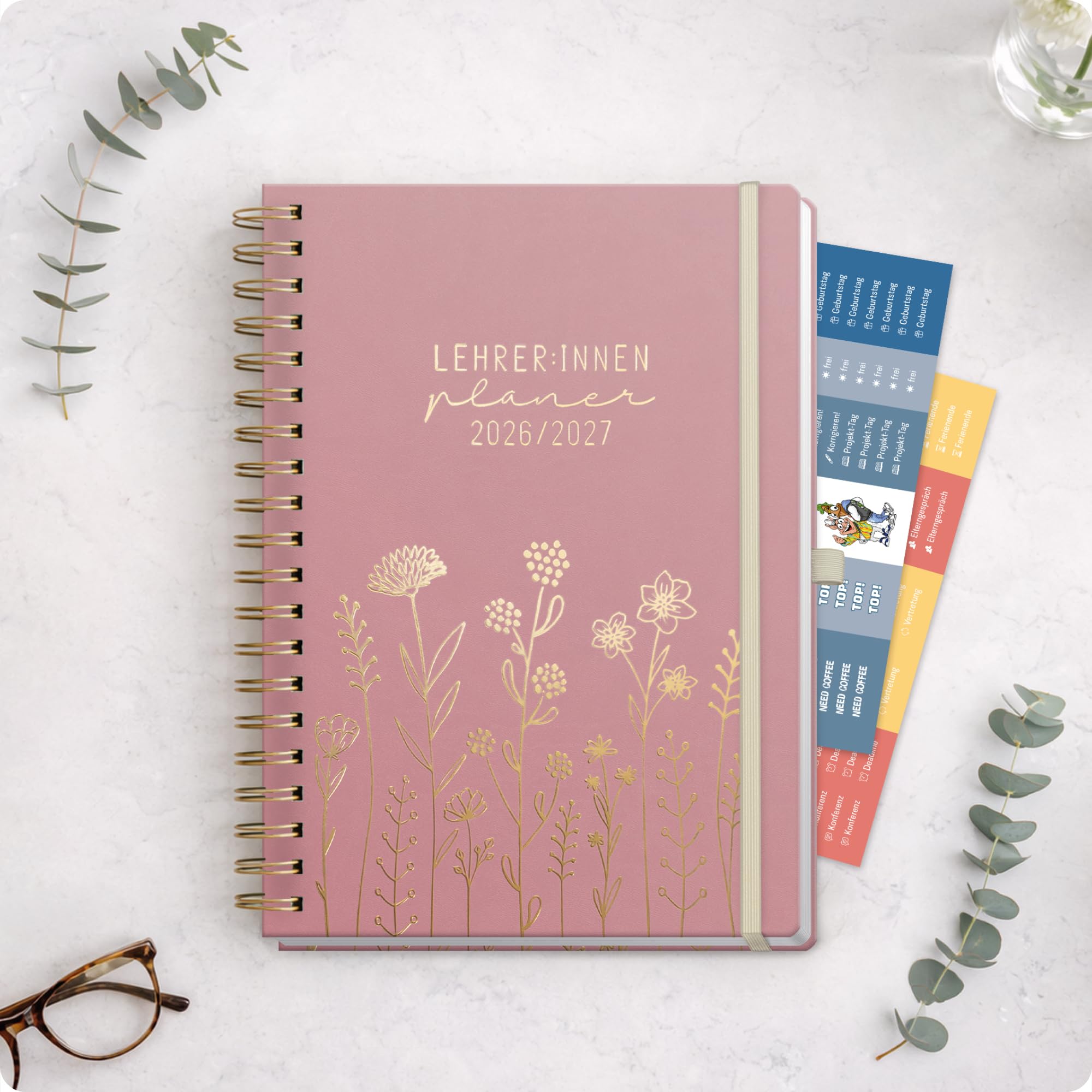 Häfft® Lehrerplaner 2026/2027 A4+ Deluxe - Großer Lehrerkalender & Schulplaner 26/27 mit Kunstleder-Einband & Spiralbindung "Fine Flowers" für Grundschule, weiterführende Schulen & Referendariat