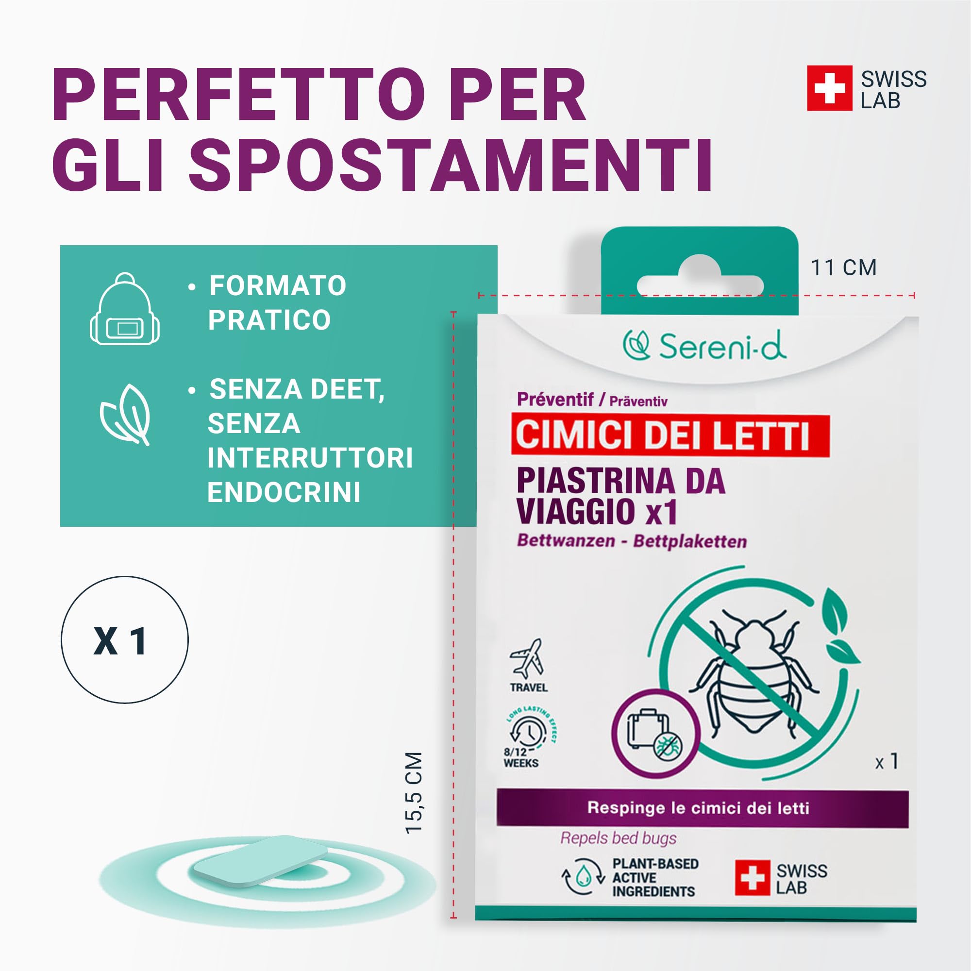 PIASTRINA DA VIAGGIO Repellente CIMICI DEI LETTI - Protegge il Tuo Bagaglio dalle Cimici dei Letti - Alta Efficacia Preventiva - Sereni-d SWISS LAB