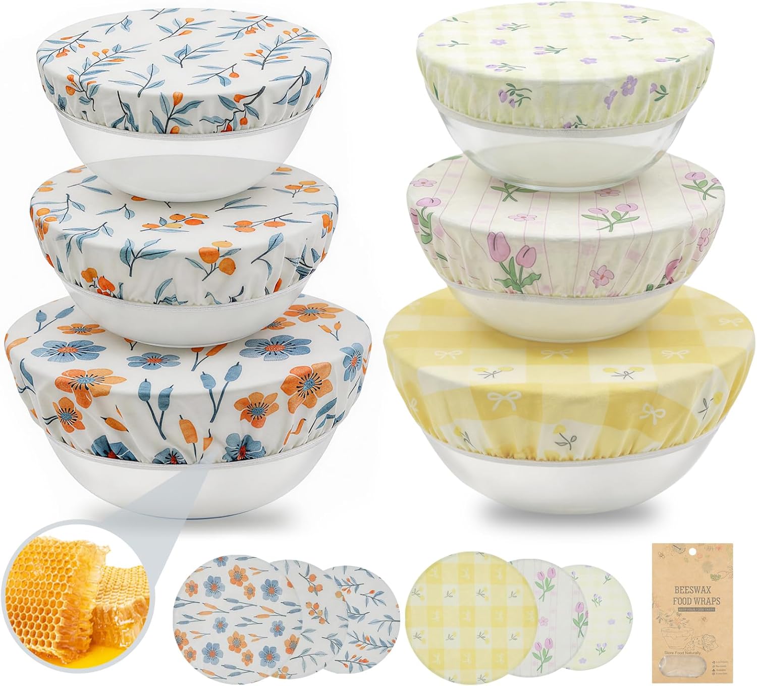 6PCS Reusable Beeswax Bowl Covers-Large 8''/10''/12'' (2 of Each Size) Elastic Cotton Cloth Wraps-Sourdough Shower Caps for Bread Proofing and Food Fresh Keeping